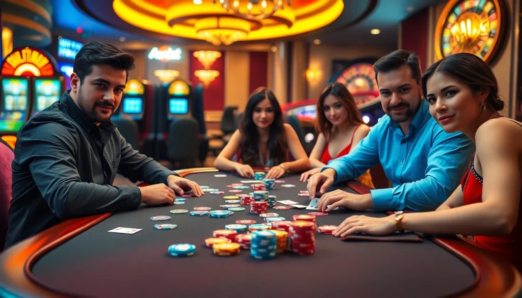 Players enjoy poker at fabet3.com amidst a luxurious casino atmosphere full of excitement.