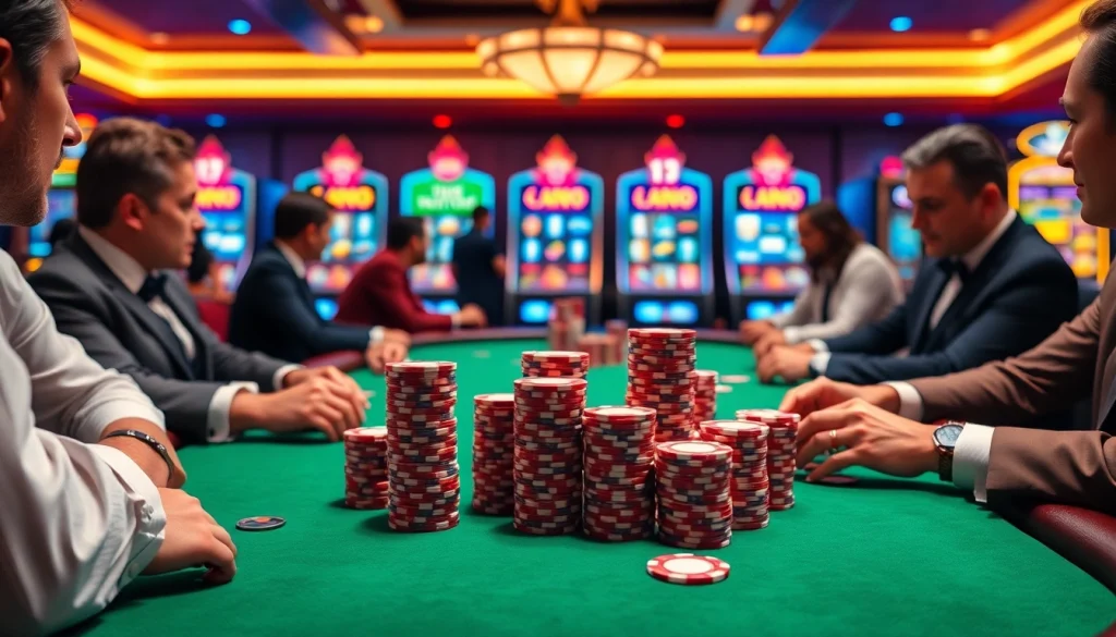 Experience thrilling gameplay with idnslot at an upscale casino table featuring high-stakes poker and vibrant slot machines.