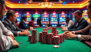 Experience thrilling gameplay with idnslot at an upscale casino table featuring high-stakes poker and vibrant slot machines.