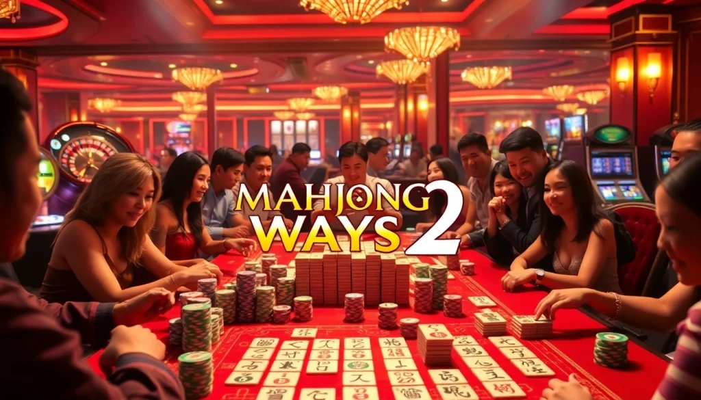Interaksi seru di meja Mahjong Ways 2 di tengah suasana kasino yang hidup