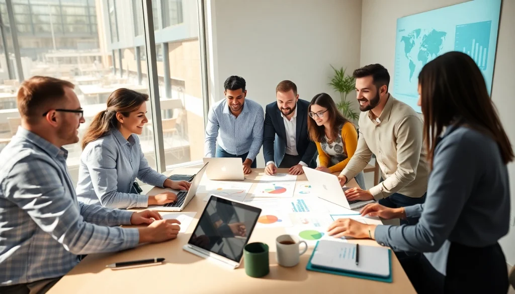 GEO Agentur team strategizing in a bright office environment with charts and laptops.