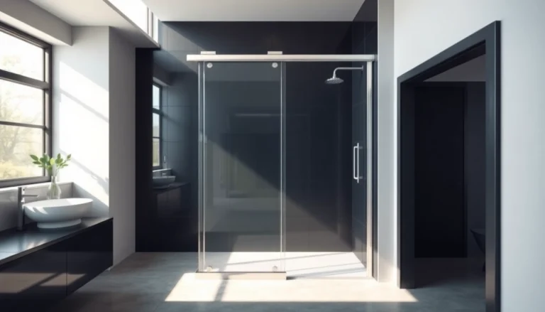 Showcasing a black shower sliding door enhancing a modern bathroom's elegance with sleek design features.