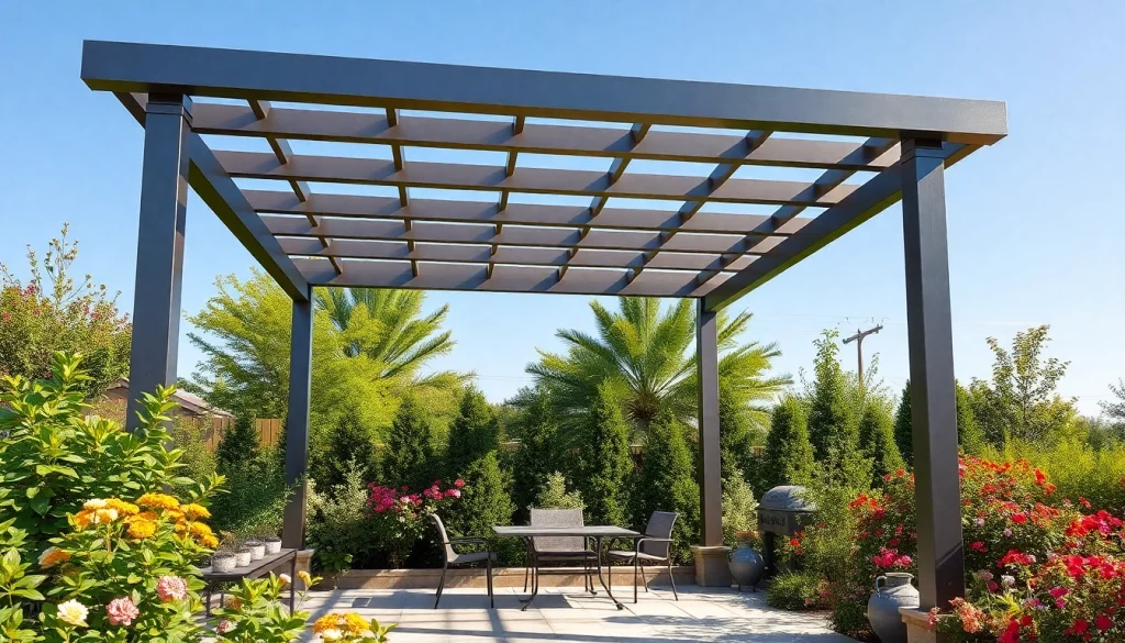Enhance your outdoor experience with a modern steel pergola in a tranquil garden.