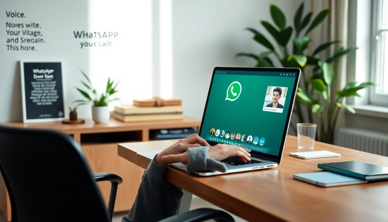 在现代工作区的笔记本电脑上使用 WhatsApp Web，展示通信功能。