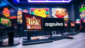 Menggambarkan suasana permainan digital dengan menampilkan link qqpulsa dan berbagai simbol permainan slot.