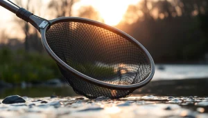 Fly fishing net displayed against a serene river backdrop showcasing its design and craftsmanship.