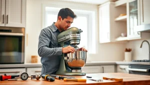 Kitchenaid appliance repair ottawa with a technician carefully repairing a KitchenAid mixer in a bright kitchen.