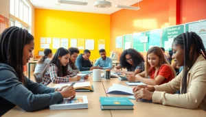 Education classroom scene with diverse students collaborating and learning.