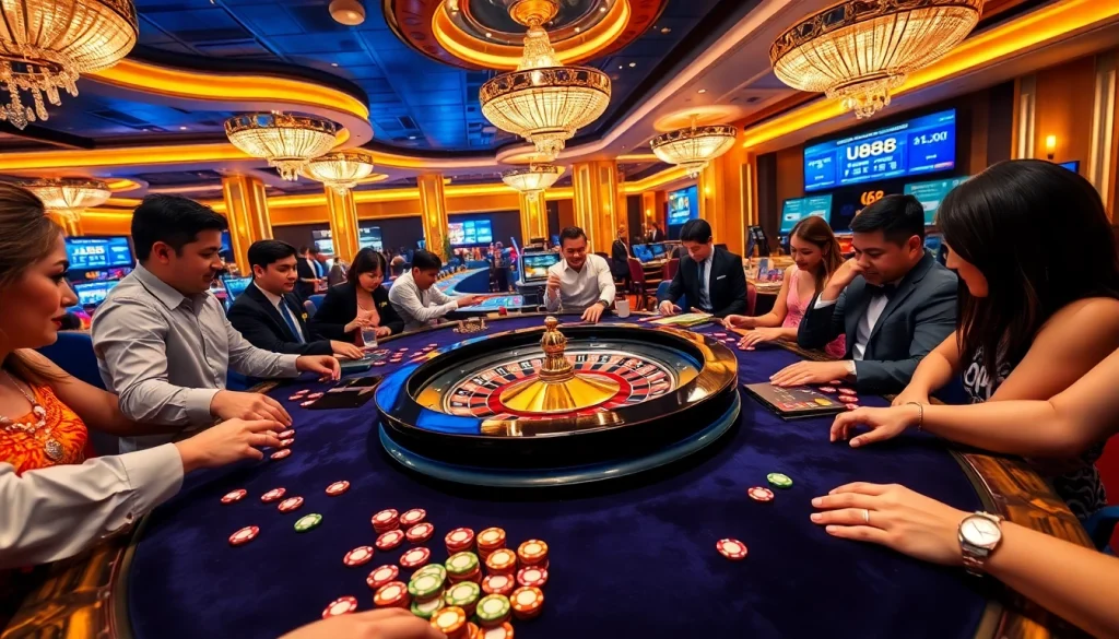 Experience high-stakes action at U888's luxurious casino with players engaged in thrilling games.