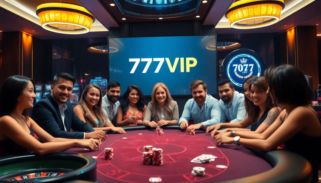 Winning players at a glamorous 777VIP online casino table with poker chips and excitement.