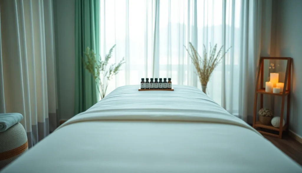 진정 효과가 있는 스웨디시 마사지 설정, 차분한 색상과 에센셜 오일 사용.