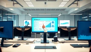 Prezentacja Windows 11 na nowoczesnym stanowisku komputerowym w biurze.