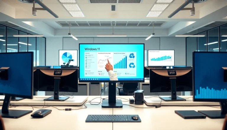 Prezentacja Windows 11 na nowoczesnym stanowisku komputerowym w biurze.