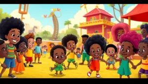 A lively representation of African American Cartoons showcasing iconic characters interacting with children in a colorful playground setting.