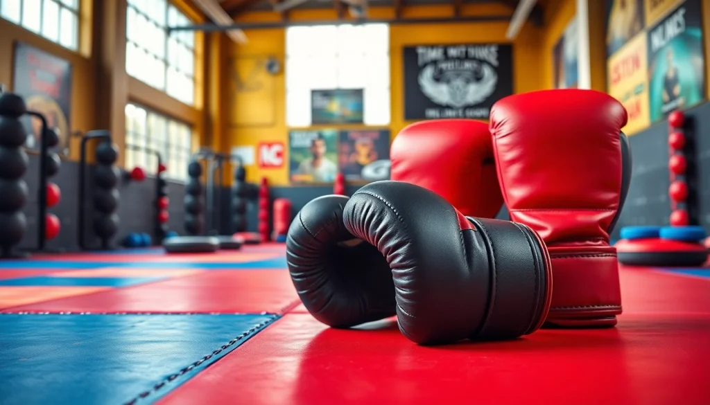 MMA gloves displayed prominently on a gym floor, showcasing design and quality.