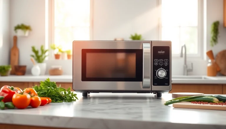 Showcase a Microwave Oven on a kitchen countertop with fresh ingredients, emphasizing its modern design.