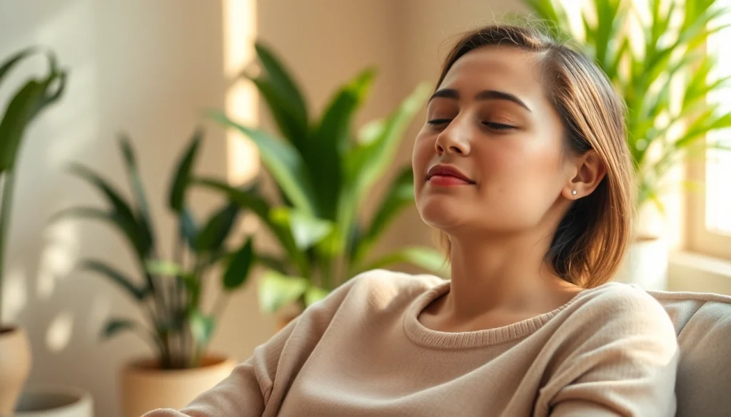 An individual reflecting on anxiety symptoms in a tranquil wellness environment.