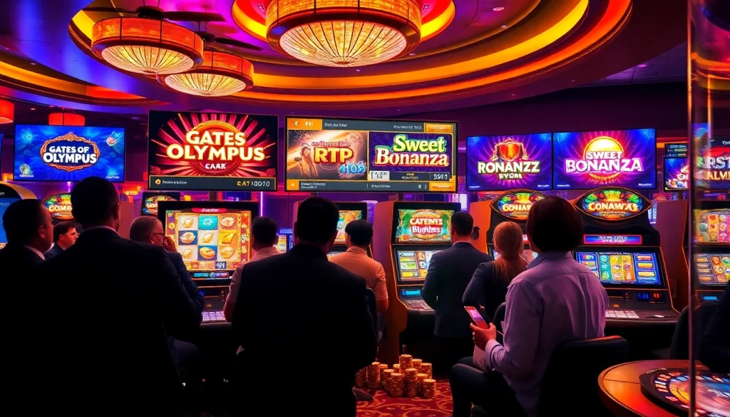 Gambling excitement with RTP Pragmatic Play slot machines and players at a luxury casino.