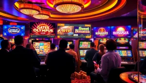 Gambling excitement with RTP Pragmatic Play slot machines and players at a luxury casino.