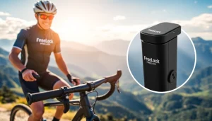 Freelock mechanism enhances the cycling experience in a picturesque outdoor setting.