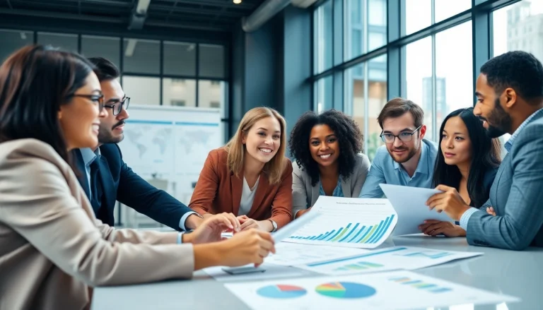 Colleagues discussing b2b competitive intelligence in a modern office setting.