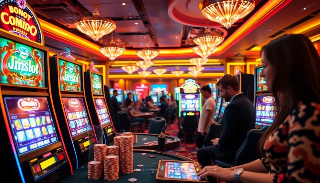 Experience the thrill of Idnslot gaming with vibrant slot machines and engaged players.
