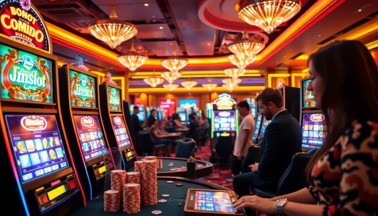 Experience the thrill of Idnslot gaming with vibrant slot machines and engaged players.