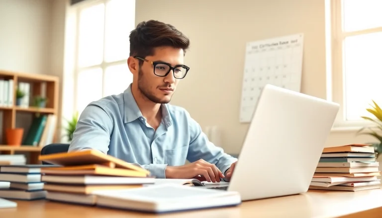 Focused person studying to pass IT certification exams in a well-lit office setting.
