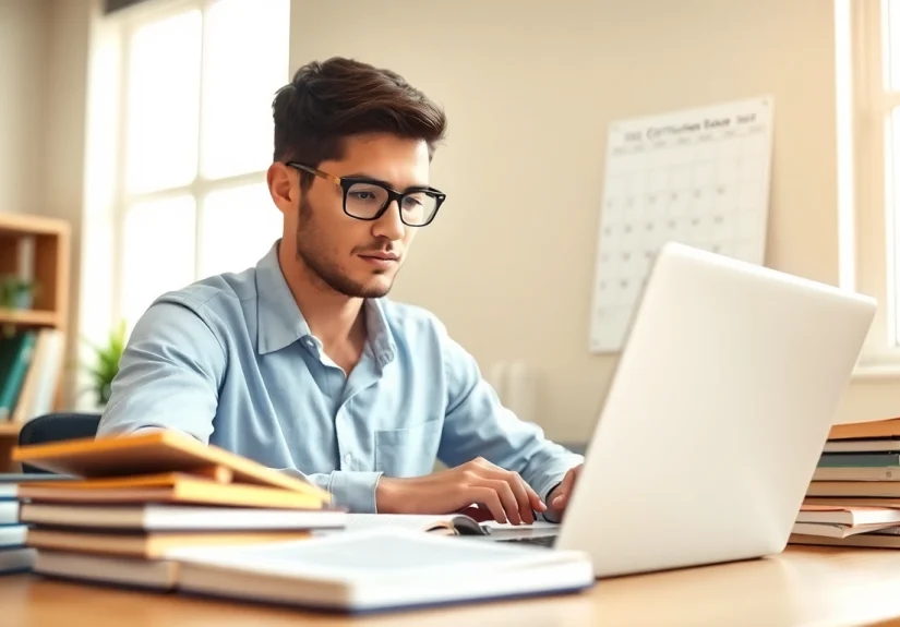 Focused person studying to pass IT certification exams in a well-lit office setting.
