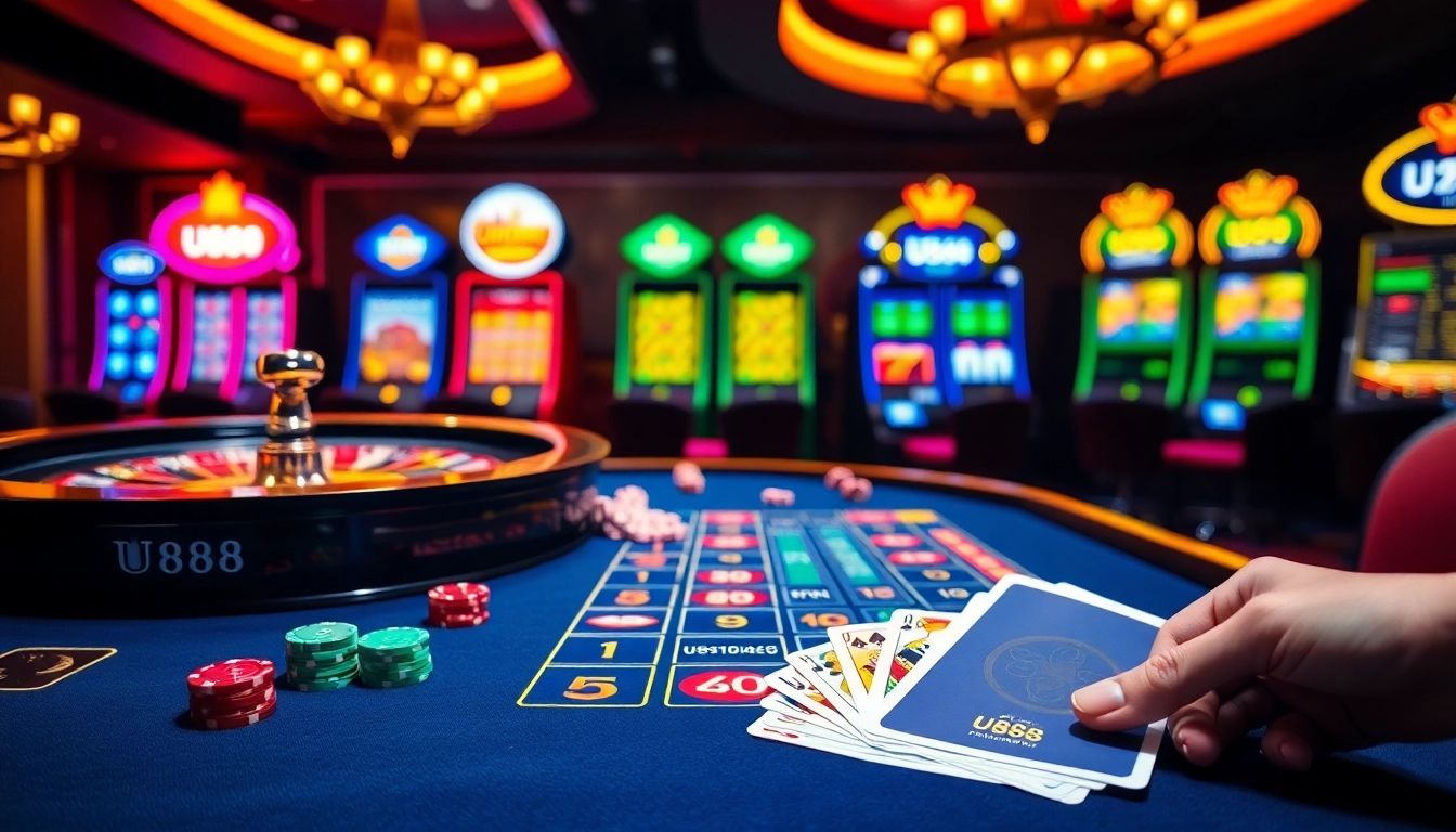 Win big with U888 at a vibrant casino table showcasing roulette and poker chips.