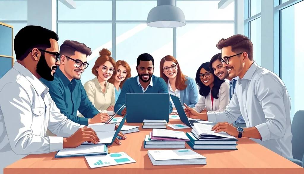 Engaged professionals collaborating on Cisco exam assistance in a bright study room.