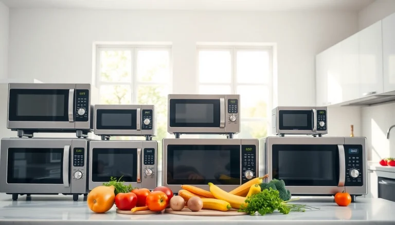Showcasing microwave oven sales with a modern kitchen setup featuring vibrant appliances and fresh ingredients.