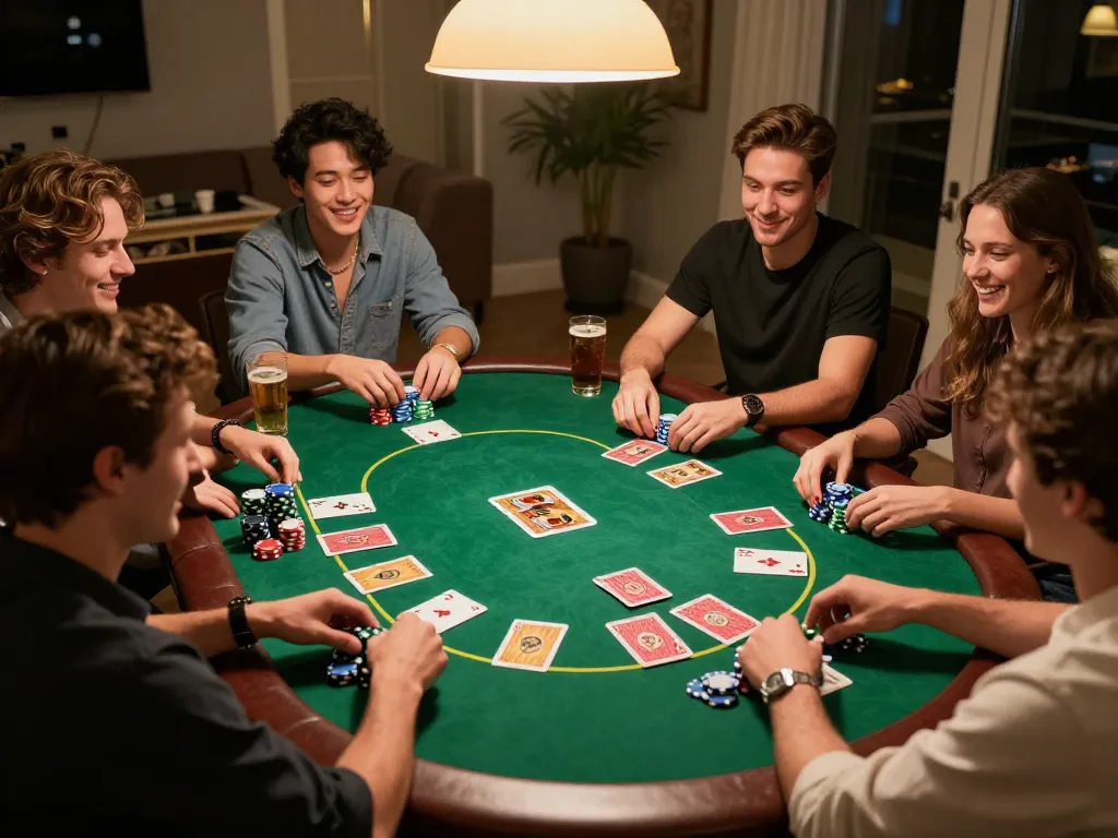 Friends strategizing in a lively home poker night featuring kèo nhà cái 5 betting tactics