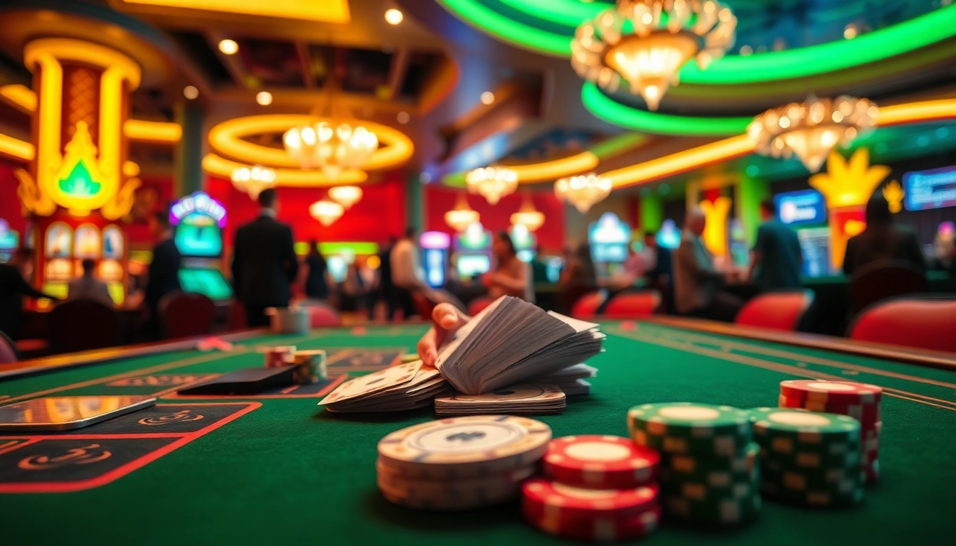 Spieler am Tisch für casino spielen mit bunten Chips und Karten im Hintergrund.