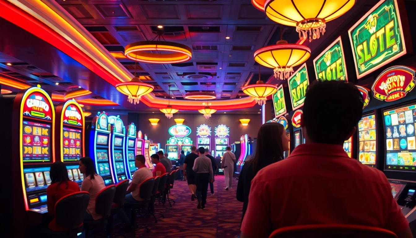 Menangkan di Slot77 bersama mesin slot berwarna-warni dan pengunjung yang antusias.