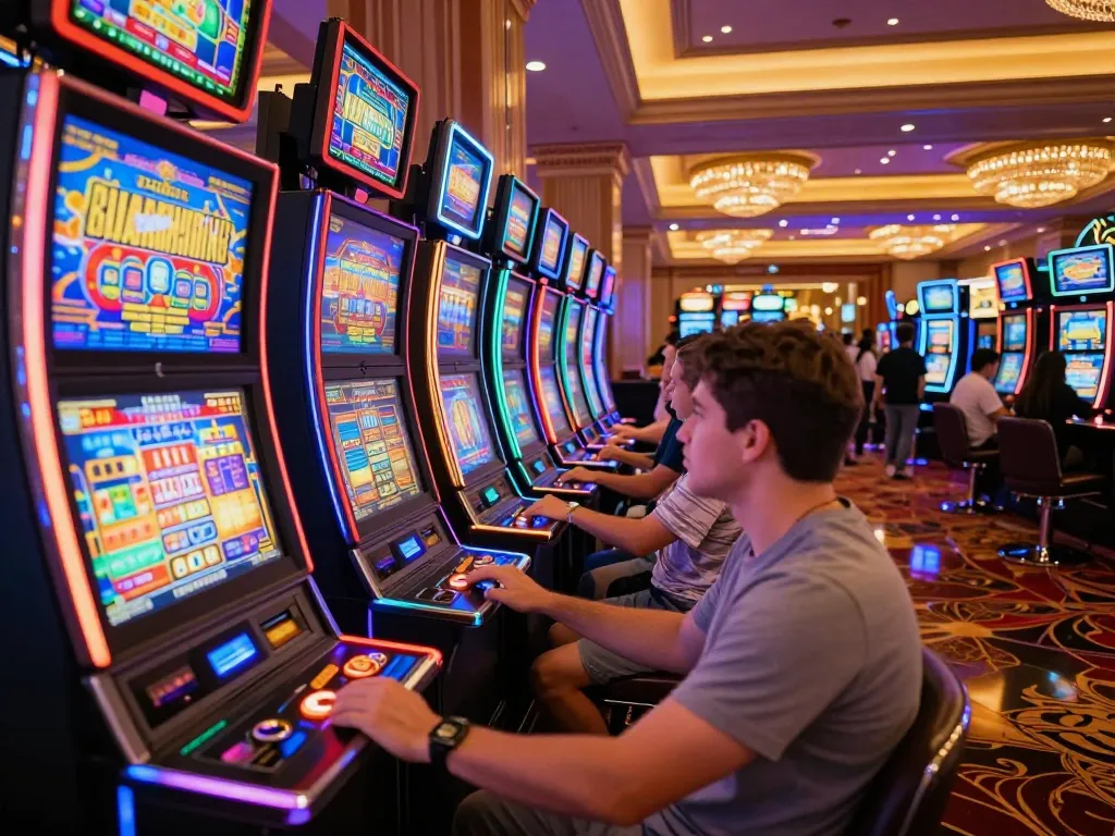 Engaging scene showcasing players at colorful slot machines, emphasizing the excitement of slot bet 200 in a vibrant casino.