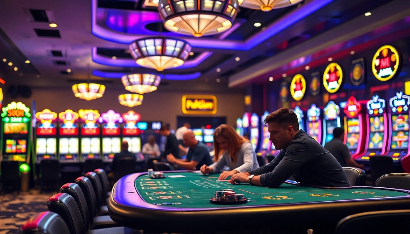 Experience the thrill of a crypto casino with energetic players at vibrant gaming tables.