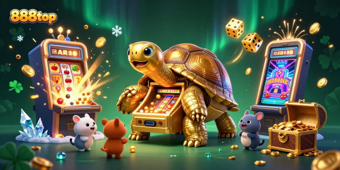 Play thrilling slots and jackpots with 888top, featuring a vibrant cartoon scene with a golden tortoise.
