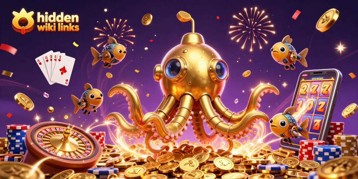 Engage with hidden wiki links while navigating a vibrant 3D casino scene filled with treasures and excitement.