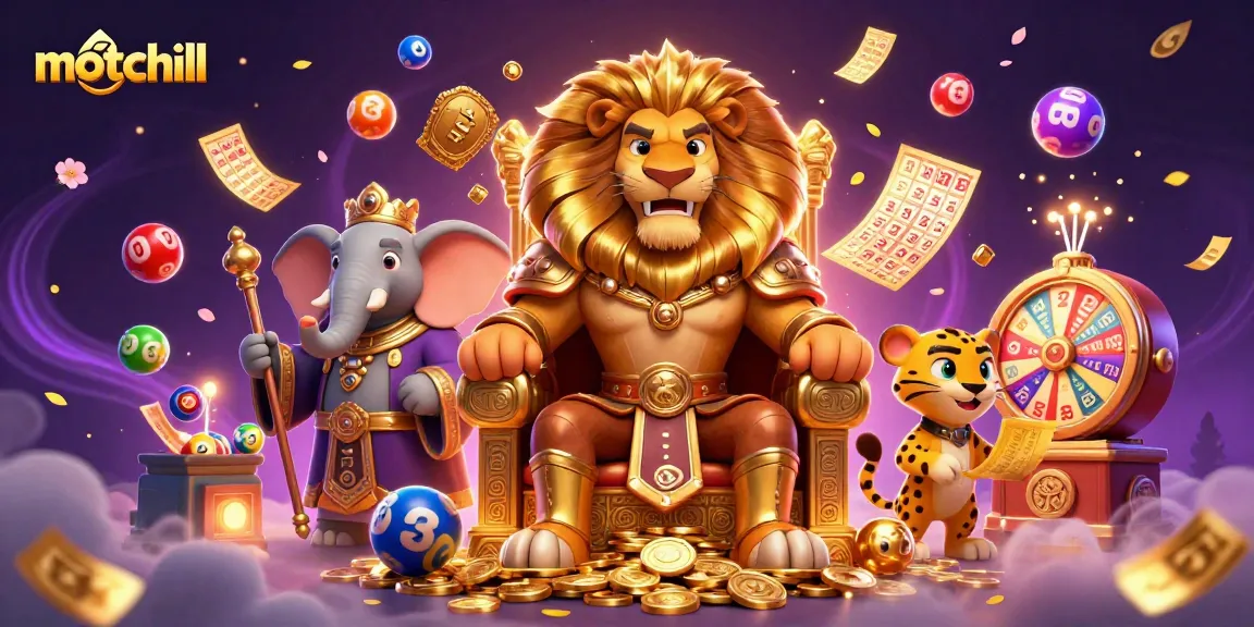 Experience the thrill of motchill with vibrant casino elements, including lottery balls and dynamic characters.