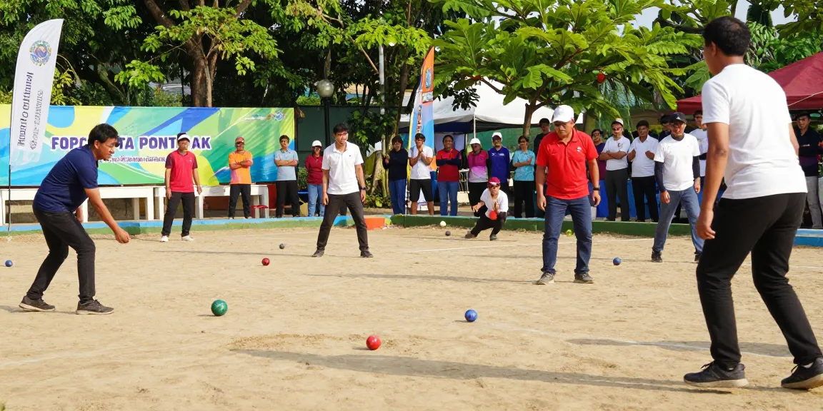 Pertandingan petanque FOPI Kota Pontianak di luar ruangan dengan peserta beragam dan suasana ceria.