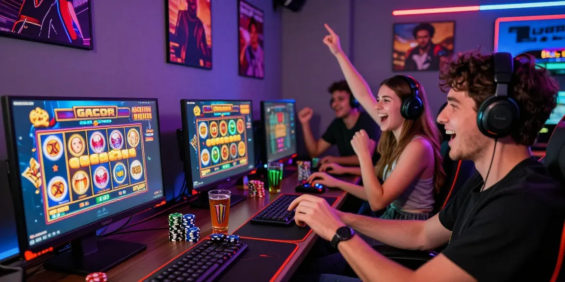 Excited friends celebrating a win while playing slot gacor games in a vibrant gaming room.