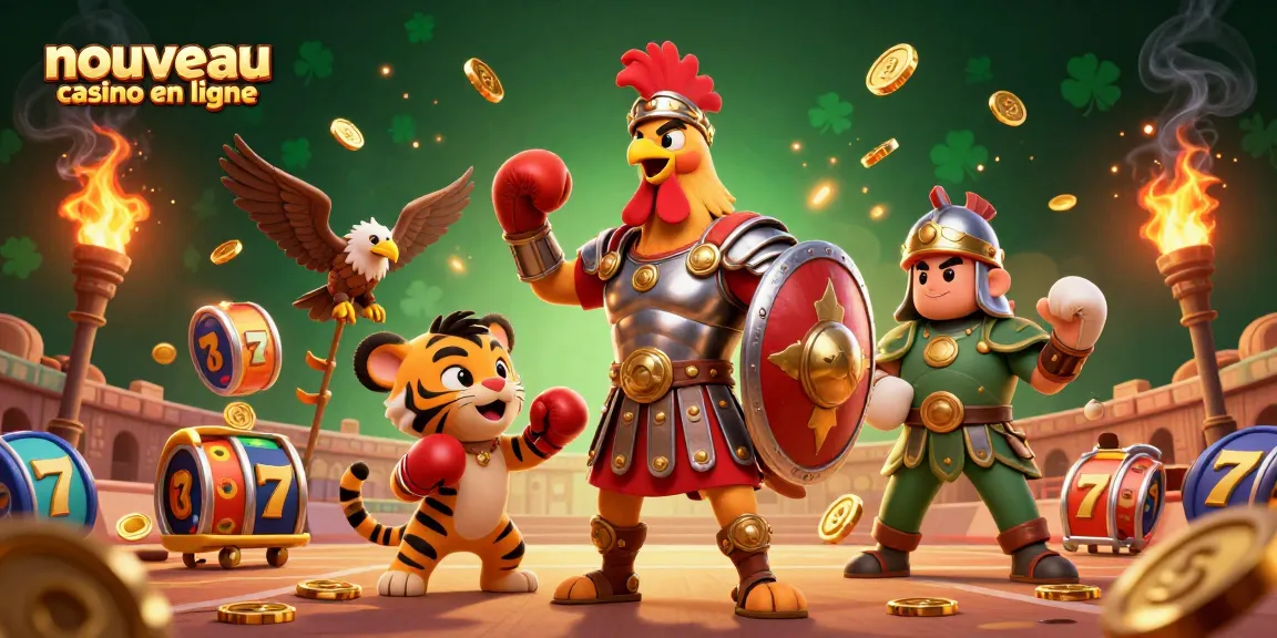 Jouez à des machines à sous avec le nouveau casino en ligne présentant un rooster gladiateur et un tigre cub.