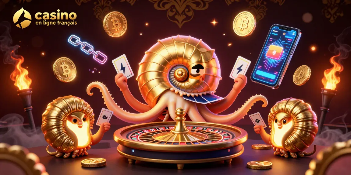 Jouez au casino en ligne français avec un nautilus géant et des cartes scintillantes.