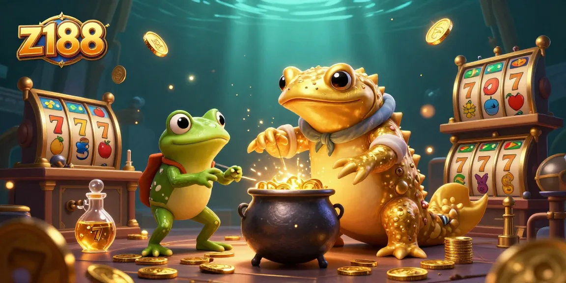 Experience thrilling jackpots with z188's colorful alchemist scene full of gold coins and slot game symbols.