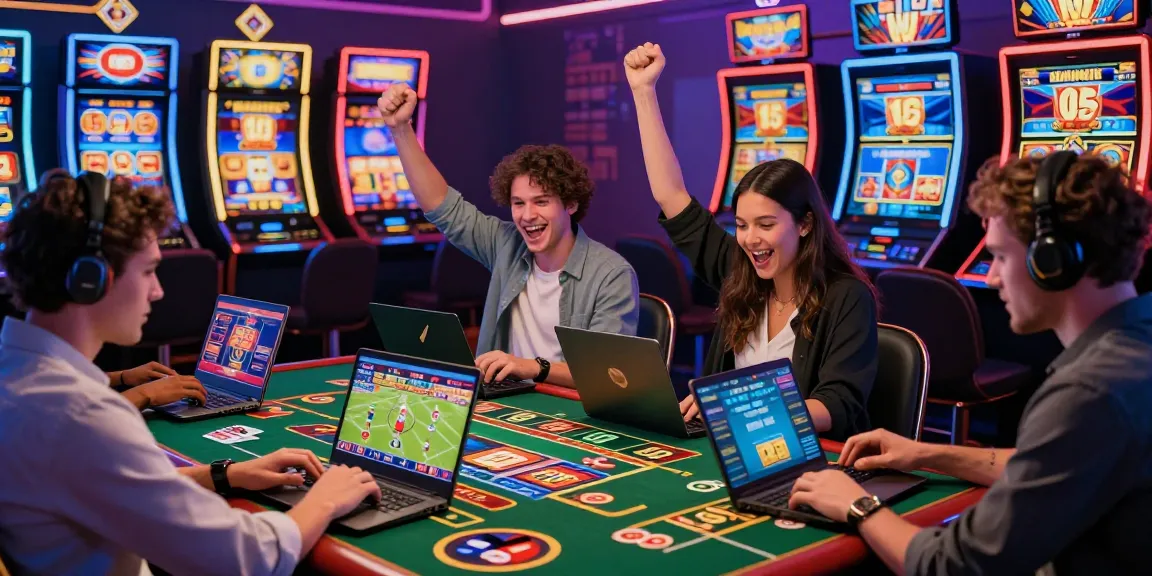 Players enjoying diverse games at equipproject.eu online casino, celebrating wins with vibrant casino backdrop.