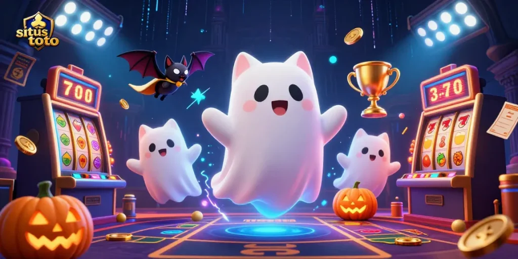 Situs toto showcases a captivating scene with a ghost cat and vampire bat in a haunted casino atmosphere.