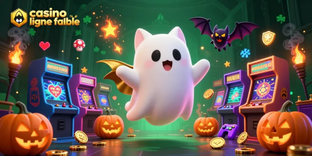 Le casino en ligne fiable présente un chat fantôme flottant et une chauve-souris dans un environnement ludique rempli de machines à sous.