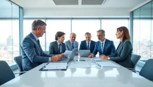 Engaged discussion about Federal and State contracts in a modern conference room.