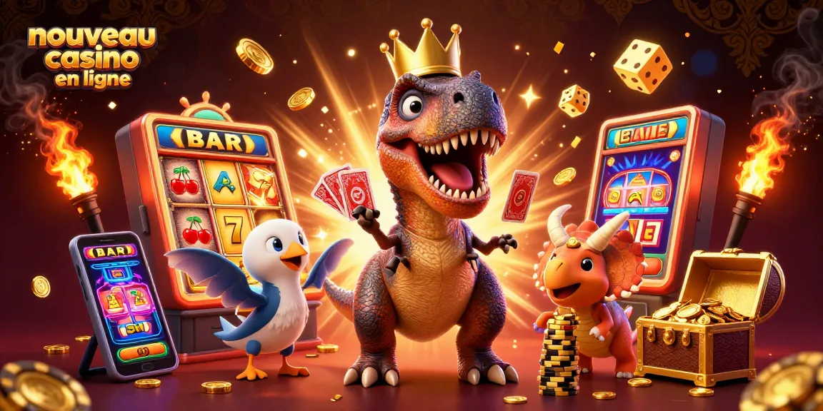 Jouer dans un nouveau casino en ligne avec un T-Rex et un tricératops entourés de machines à sous et de pièces d'or